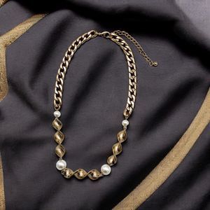 Ribbon Twist Pearl Necklace Vintage Imitation Gold Tone Curb Link Square Station